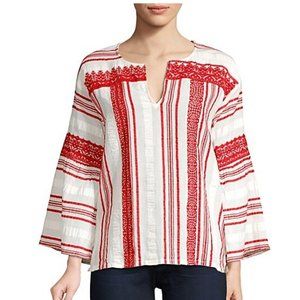 Joie Selba Stripe Bell Sleeve Embroidered Cotton Blouse Cherry Red White XS NWT